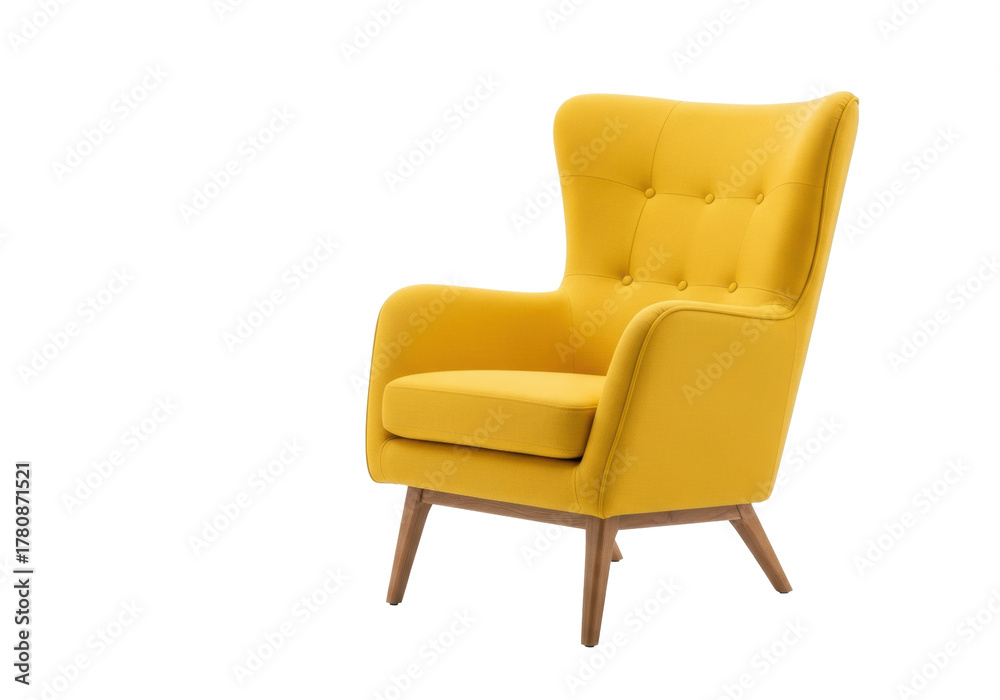 Fototapeta premium A vibrant yellow mid-century modern armchair with button tufting and angled wood legs, isolated on a transparent background with soft illumination, elegant product showcase concept