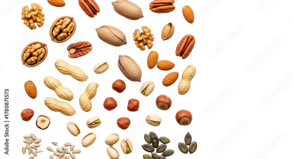 Obraz premium Artfully scattered diverse nuts and seeds (walnuts, pecans, almonds, hazelnuts, pistachios, sunflower, pumpkin) on a transparent background, concept of healthy plant-based nutrition