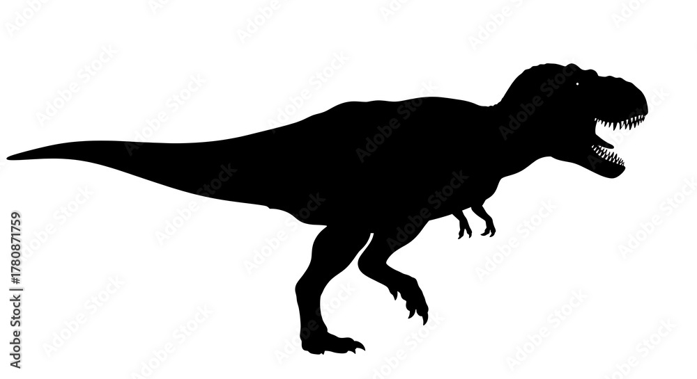 Obraz premium Black silhouette of a roaring tyrannosaurus rex dinosaur isolated on white background