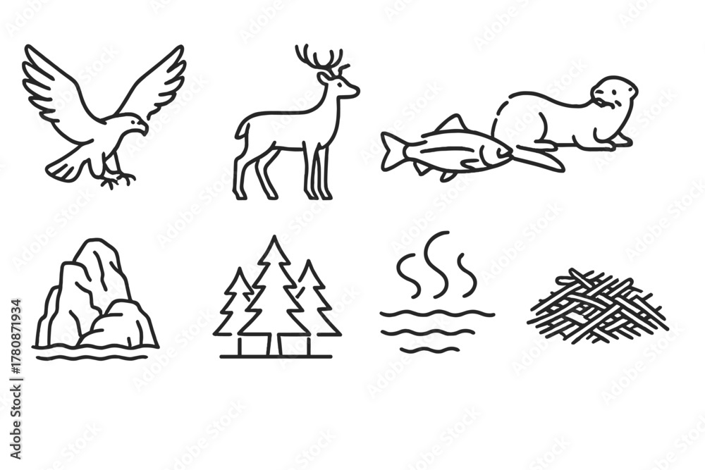 Fototapeta premium Fjord Wildlife Icons. Line style icons of Wildlife Fjord: Eagle, Deer, Salmon, Otter, Pine Forest, Rock Outcrop, Misty Water,