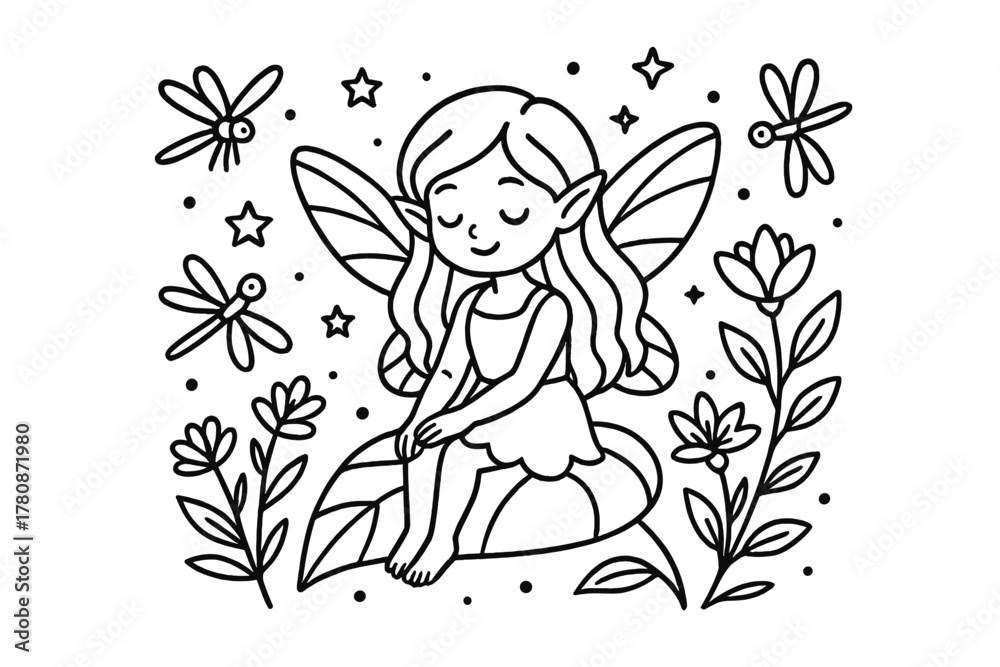 Fototapeta premium Fairy and Dragonflies. Gentle fairy sitting on a giant leaf surrounded by dragonflies, stars, and blooming plants, black and white