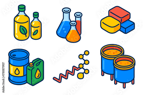 Oleochemical Isometric Icons. Isometric vector illustration set Oleochemistry: vegetable oil bottles, chemical lab glassware,
