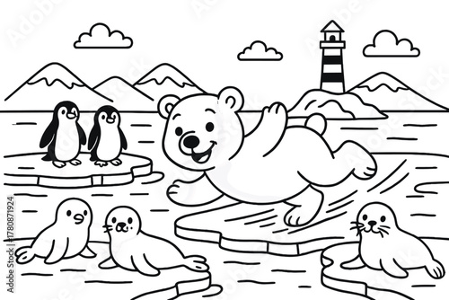 Polar Bear Slide. Smiling polar bear sliding on ice near penguins, seals, and a lighthouse in the distance, black and white line