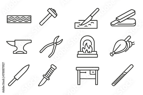 Swordsmith Tools Icons. Line style icons of Swordsmithing: Pattern-Welded Steel, Hammer, Quench, Sharpening Stone; Anvil, Tongs,