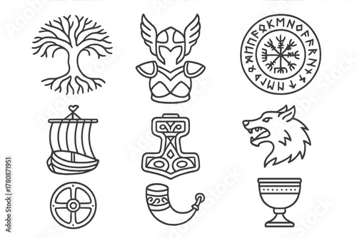 Nordic Mythology Icons. Line style icons of Nordic Myth: Yggdrasil Roots, Valkyrie Armor, Rune Circle, Longship Mast, Thor’s