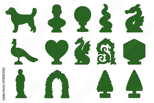Artistic Topiary Icons. Solid style icons of artistic shaping: animal hedge, human bust topiary, abstract sphere, twisting spiral,