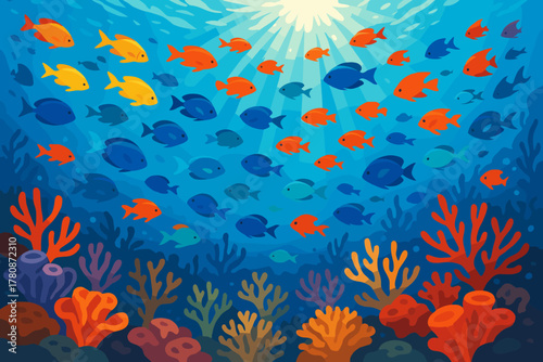 Underwater Coral Paradise. Vibrant underwater scene with schools of colorful fish swimming over a coral reef, bright sunlight