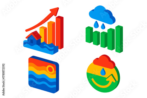 Climate Anomaly Indicators. Isometric vector illustration set Climate Anomaly Indicators: Rising flood frequency chart, extreme