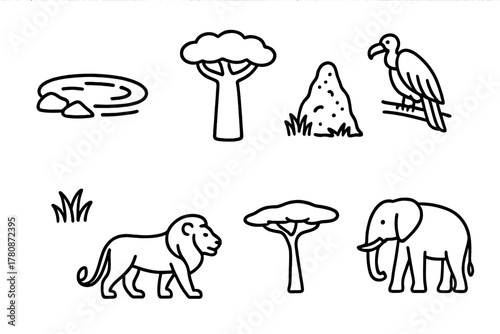 Savanna Icon Illustrations. Line style icons of Savanna: Watering Hole, Baobab Tree, Termite Mound, Vulture, Grass Tuft, Lion,