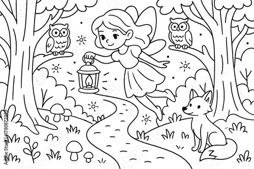Magical Fairy Forest. Magical fairy flying with a lantern lighting the forest path with owls, foxes, and fireflies, black and