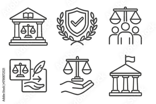 Law Society Icons. Line style icons of Law and Society: law in culture icon, civic responsibility badge, community with law beam,