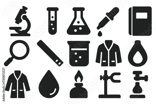 Laboratory Tools Icons. Solid style icons of laboratory tools and experiments: microscope, test tube, flask, pipette, magnifying