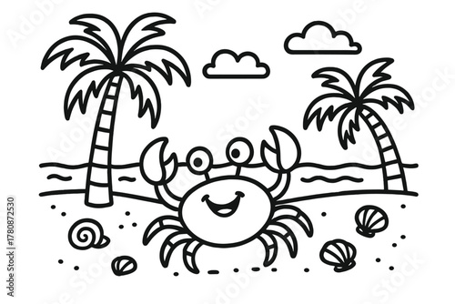Crab on Beach. Funny crab walking sideways on sandy beach with palm trees, shells, and waves rolling in, black and white line art,