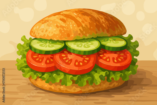 Veggie Sandwich Delight. Delicious veggie sandwich with fresh tomatoes and lettuce on crusty bread, soft natural lighting,