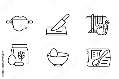Kitchen Artistry Icons. Line style icons of Kitchen Artistry: Dough Rolling, Blade Cutting, Drying Rack, Fresh Produce; Rolling