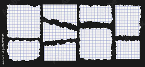 A set of torn sheets of lined notebook paper. A collection of scraps of squared paper. Vector modern design elements for decoration.