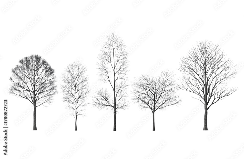 Obraz premium Five bare deciduous trees in winter isolated on transparent background