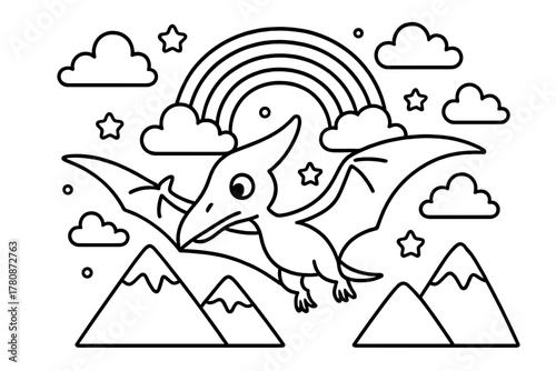 Pterodactyl in Starry Skies. Curious pterodactyl flying above mountains with clouds, stars, and a rainbow in the background, black