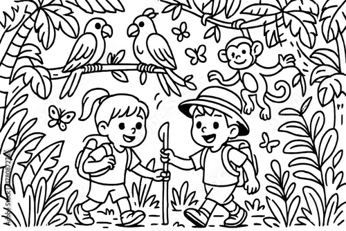 Jungle Adventure Coloring. Playful children exploring a jungle with backpacks, parrots, monkeys, and butterflies around, black and