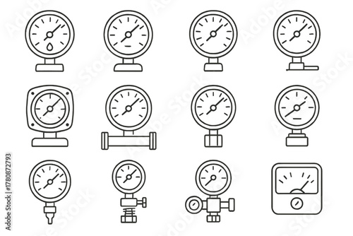 Industrial Gauge Icons. Line style icons of industrial gauges: oil pressure meter, boiler dial, steam gauge, torque meter;
