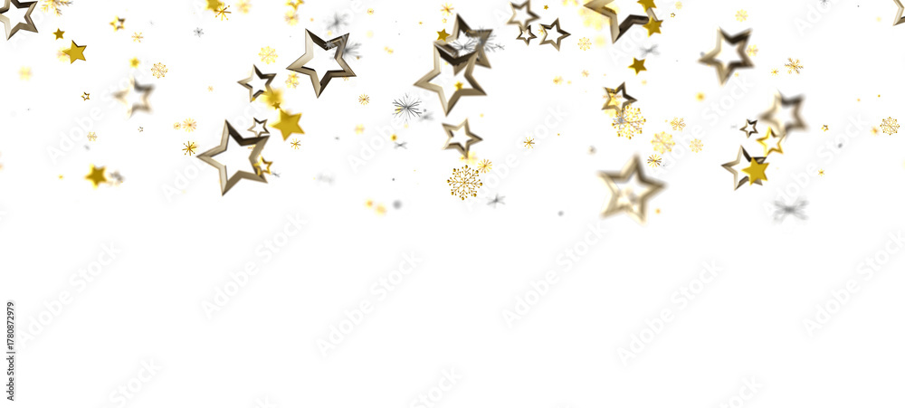 Obraz premium Festive image of shimmering golden stars and snowflakes on a clean white background, perfect for holiday and celebration themes. Ideal for addin