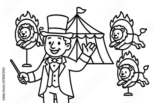 Circus Ringmaster Scene. Cheerful ringmaster waving with a tall hat, circus tent, and lions jumping through hoops behind, black