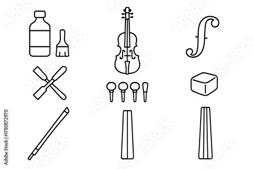 Luthier Workbench Icons. Line style icons of Luthier: Varnish, Violin, Soundhole, Wood Carving Tools, Tuning Pegs, Rosin, Bow,