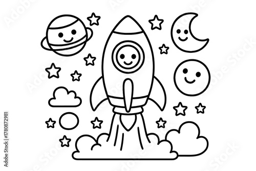 Rocket Ship Adventure. A cheerful rocket ship blasting off with planets, stars, and a moon smiling in the background, black and