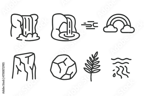 Hidden Waterfall Icons. Line style icons of Hidden Waterfall: Secret Cove, Plunge Pool, Mist, Rainbow, Cliff Face, Rock, Fern,