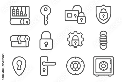 Line Style Lock Icons. Line style icons of Keyed Locks: Tumbler, Key, Lock System, Security; Cylinder, Padlock, Gear, Spring;