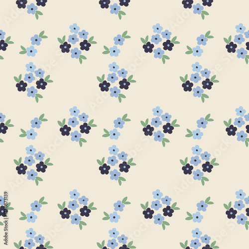 Ditsy floral pattern seamless. Floral pattern with small blue flower bouquets on cream background. Cute hand-drawn vector design for fabric, wrapping paper, wallpaper, and spring summer projects.