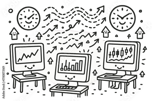 Cheerful Trading Doodles. Cute doodle financial trading floor with smiling computers, cheerful clocks on the wall, cartoon data