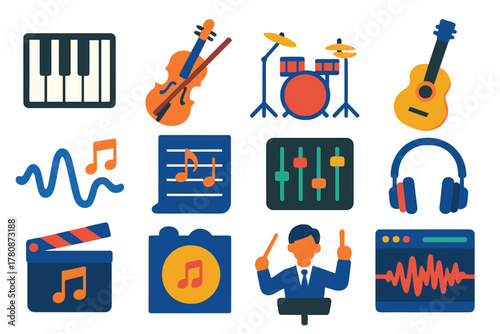 Music Icon Set. Flat vector icons of music in documentary: piano keys, violin bow, drum set, guitar, sound wave with notes, film