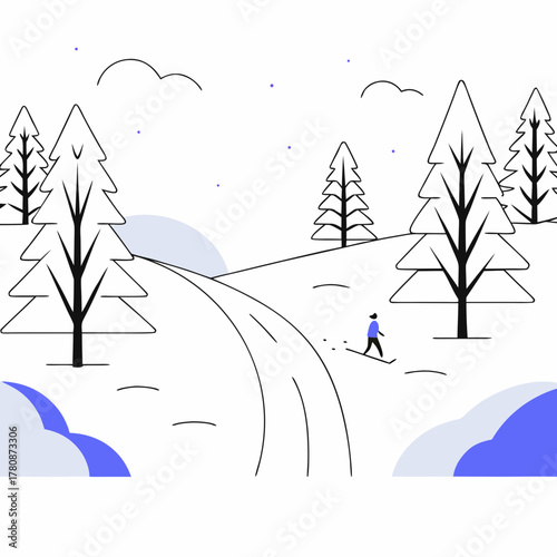 Winter landscape with skier and snowy trees