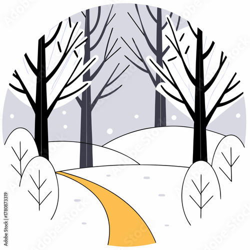 Winter landscape with snowy trees and path
