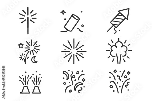 Festive Fireworks Icons. Line style icons of Fireworks Display: Sparkler, Launch Tube, Firework Rocket, Night Sky, Star Burst,