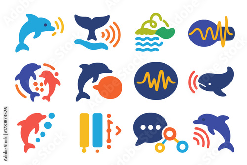 Marine Communication Icons. Flat vector icons of marine mammal communication: dolphin click, whale song, echolocation pulse, pod