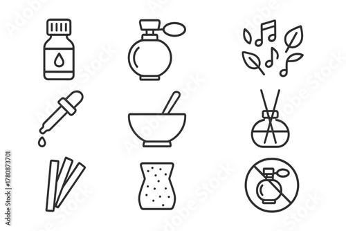 Perfumery Line Icons. Line style icons of Perfumery: Essential Oil, Scent Bottle, Notes of Fragrance, Pipette, Mixing Bowl,