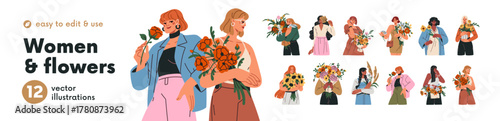 Happy beautiful women with flowers set. Girls holding floral bouquets, bunches. Female characters with blooms in hands, romantic gifts. Flat graphic vector illustrations isolated on white background.