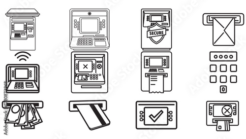 Atm icon variations in black _ card, pin and cash machine symbols for banking and retail kiosks