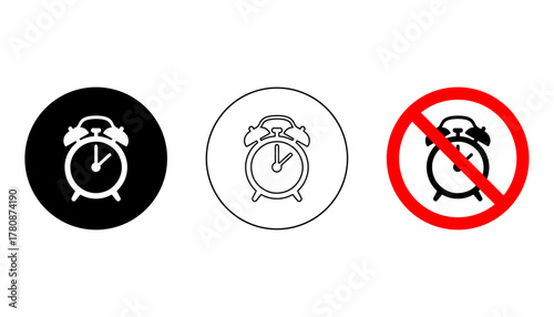 Set of alarm clock icons in filled, outline, and banned styles inside circular frames. Ideal for time, reminder, or schedule user interface design