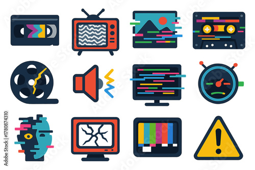 Distorted Media Icons. Flat vector icons of Distorted Media: warped VHS tape, static-filled TV, glitched photograph, corrupted