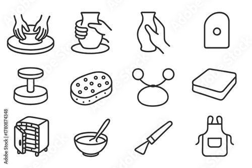 Wheel-Thrown Pottery Icons. Line style icons of Wheel-Thrown Ceramics: Clay Centering, Wall Pulling, Shaping Form, Rib Tool;