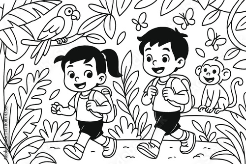 Jungle Adventure Coloring. Playful children exploring a jungle with backpacks, parrots, monkeys, and butterflies around, black and