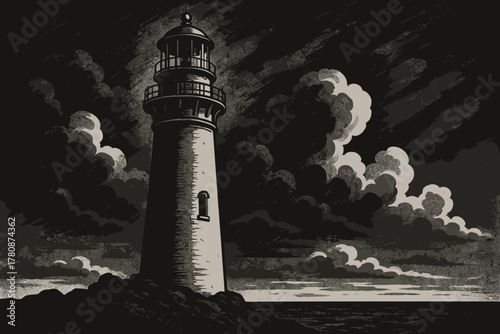 Moody Lighthouse Illustration. Atmospheric black-and-white vector illustration shot of a tall lighthouse against a cloudy sky,