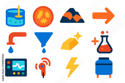 Biomining Process Icons. Flat vector icons of biomining processes: leaching tank, bacteria culture, ore pile, flow arrow,