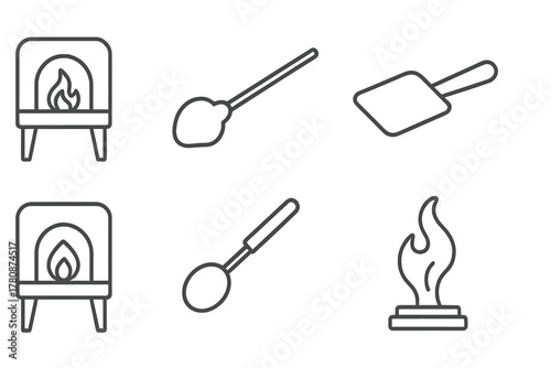 Glassblowing Icons. Line style icons of Glassblowing: Annealing Oven, Blowpipe, Molten Glass, Marver, Furnace, Pontil, Shaping