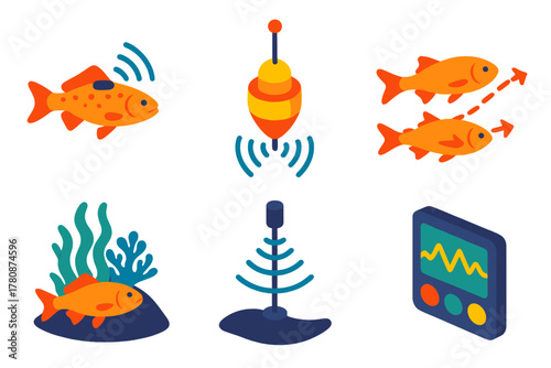 Acoustic Telemetry Illustration. Isometric vector illustration set Acoustic telemetry: marine fish with sound tags, tracking buoys