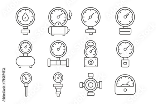 Industrial Gauge Icons. Line style icons of industrial gauges: oil pressure meter, boiler dial, steam gauge, torque meter;