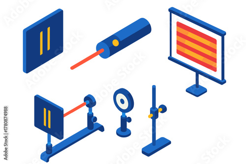 Colorful Physics Experiment. Isometric vector illustration set Light Experiments: double slit experiment board, laser pointer,